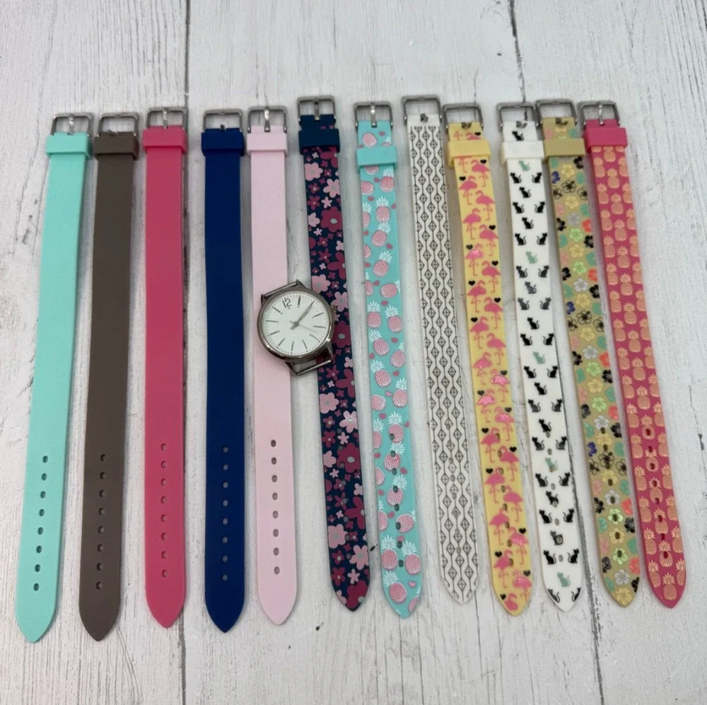 Watch 12 Interchangeable Silicone Rubber Bands NEW BATTERY Blue Pink Beach Cats